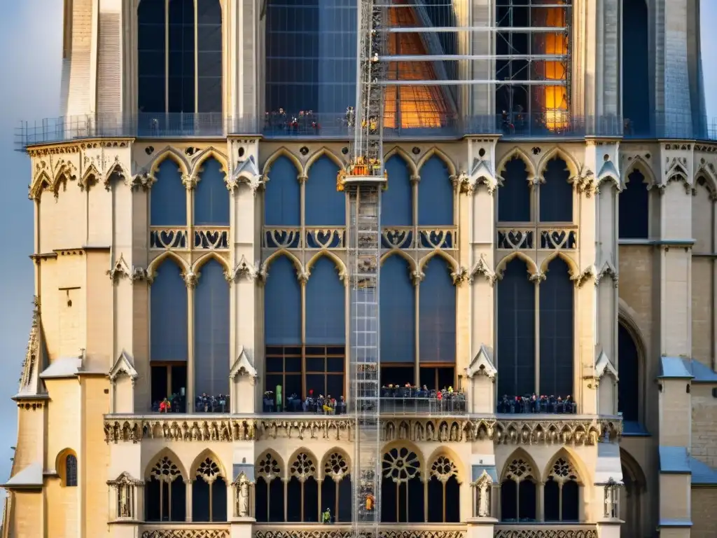 Detallada restauración de la icónica aguja de Notre Dame, con artesanos trabajando minuciosamente entre andamios