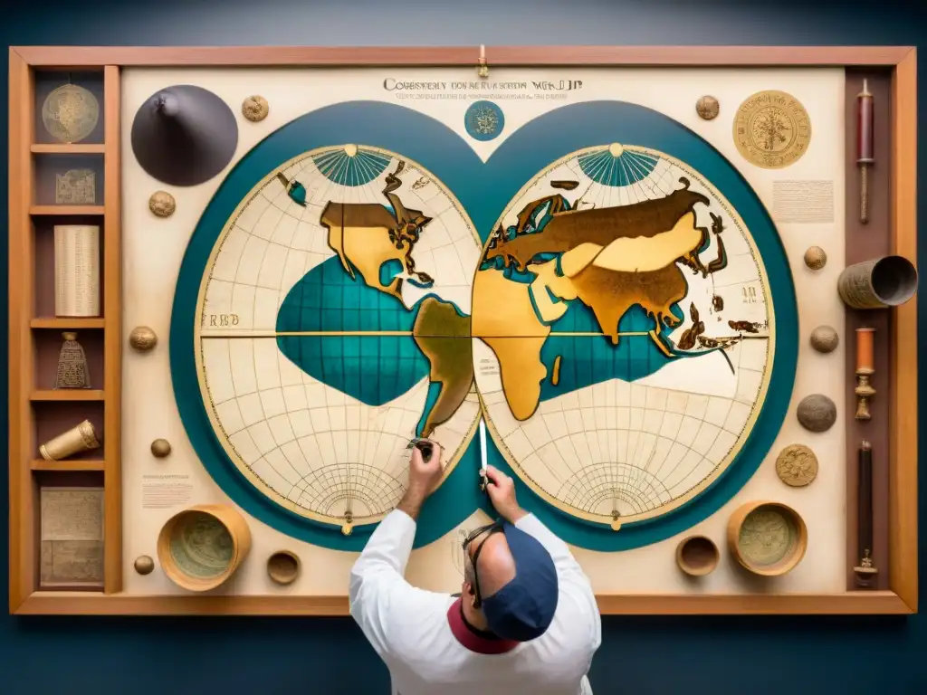 Restauración meticulosa de mapa antiguo: conservadores trabajan con detalle Detallada restauración del Mapamundi Ptolomeo en laboratorio de conservación, con minuciosidad y cuidado experto