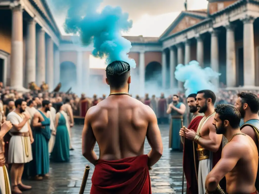 Recreación detallada del festival Lupercalia romano, con rituales de purificación y vestimenta tradicional