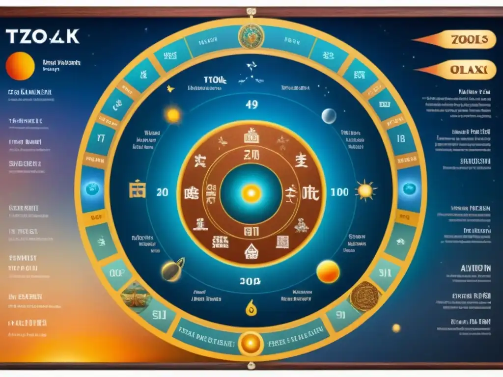 Comparación detallada de sistemas astronómicos antiguos con el significado Tzolk'in astrología maya en ilustraciones y glifos elaborados