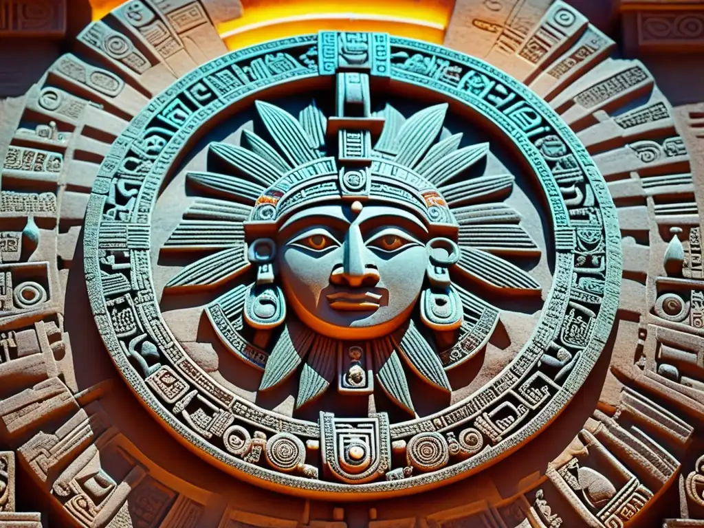 Detallada Piedra del Sol Azteca con símbolos, Tonatiuh y textura envejecida, representando su significado cultural