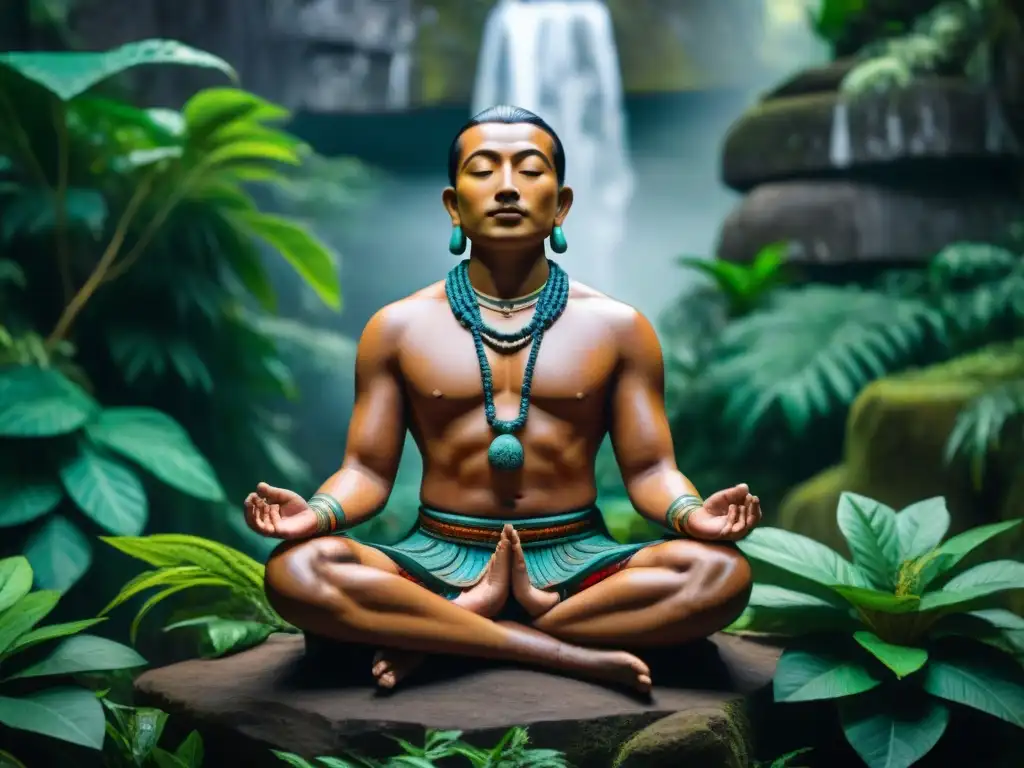 Detallada talla en piedra de indígenas meditando en la jungla, conectando con técnicas ancestrales meditación bienestar moderno