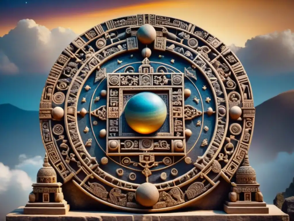 Detallada talla maya: escena celeste con alineaciones estelares y planetarias