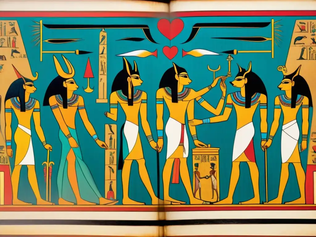 Ilustración detallada y vibrante del juicio del corazón en el Libro de los Muertos, con Anubis y Thoth en el Salón de las Dos Verdades