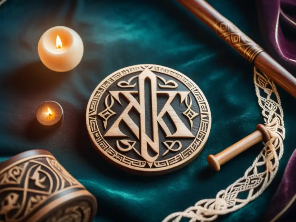 Detalladas runas nórdicas para ancestral adivinación en terciopelo oscuro iluminado