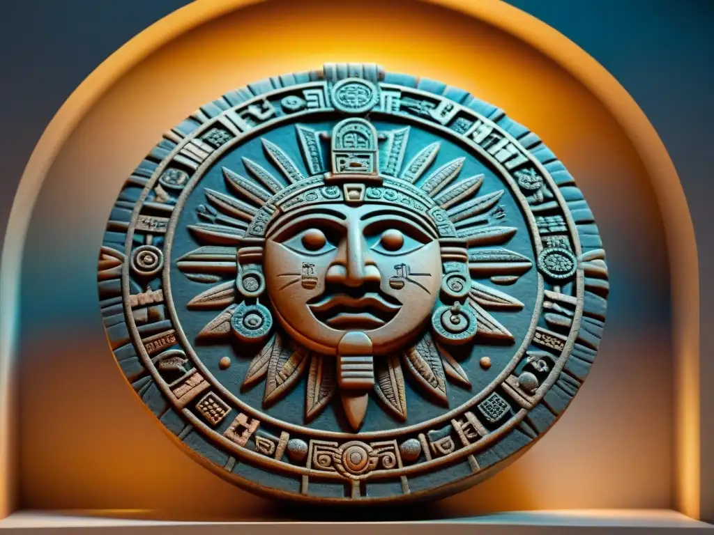 Detallado y antiguo Calendario Azteca con grabados de deidades y símbolos bajo suave iluminación de museo