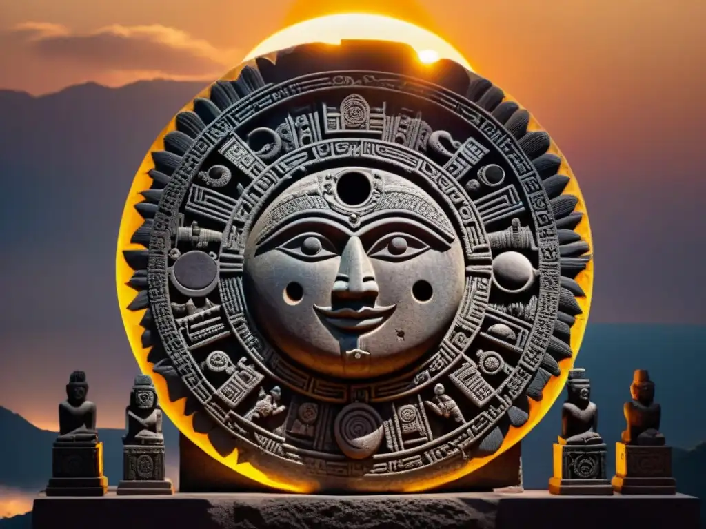 Detallado arte antiguo maya de un eclipse solar rodeado de símbolos y figuras celestiales