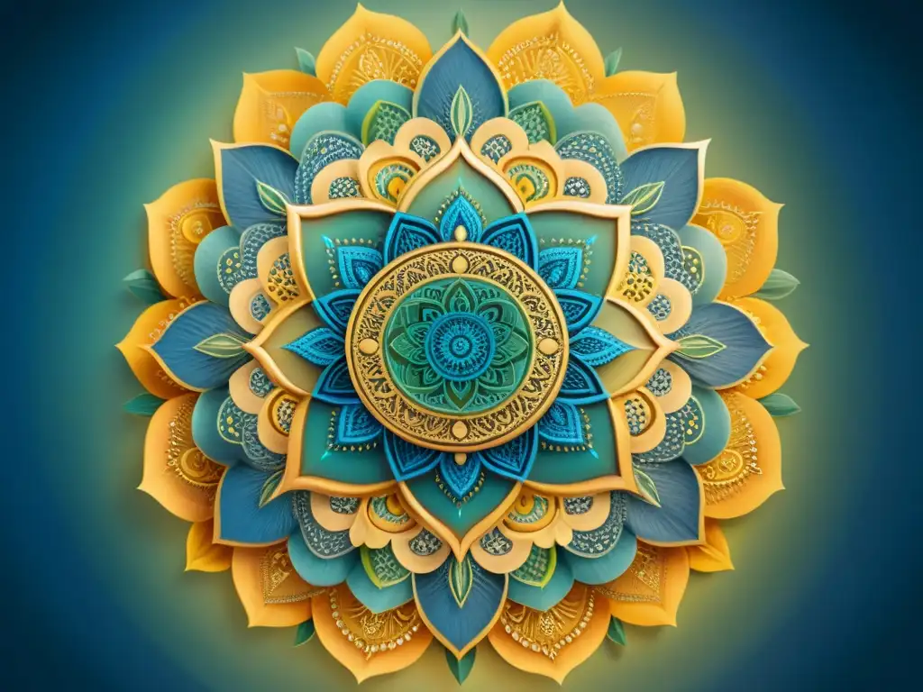 Detallado mandala en azul, verde y dorado, irradiando energía espiritual y tranquilidad