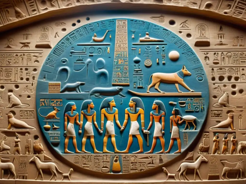 Detallado calendario cósmico de civilizaciones antiguas en el relieve egipcio de Dendera