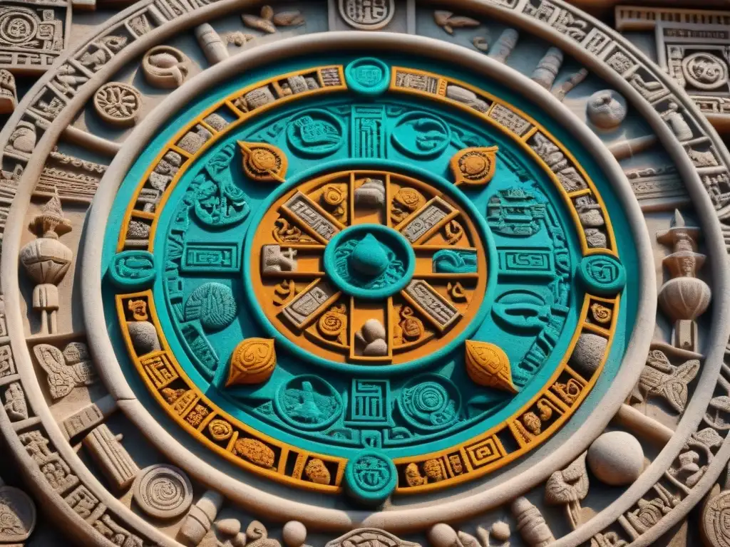 Detallado calendario maya esculpido en piedra con colores vibrantes y glifos intrincados, mostrando conexiones cósmicas en astrología agrícola