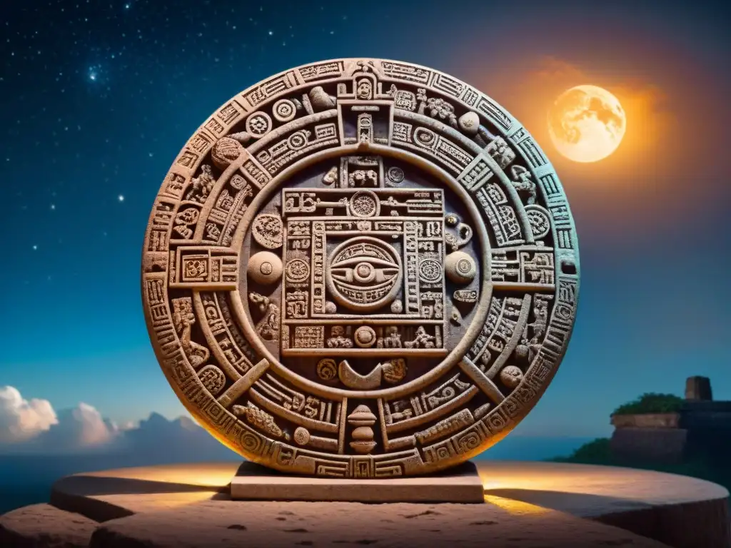 Detallado calendario maya iluminado por astros en la noche estrellada