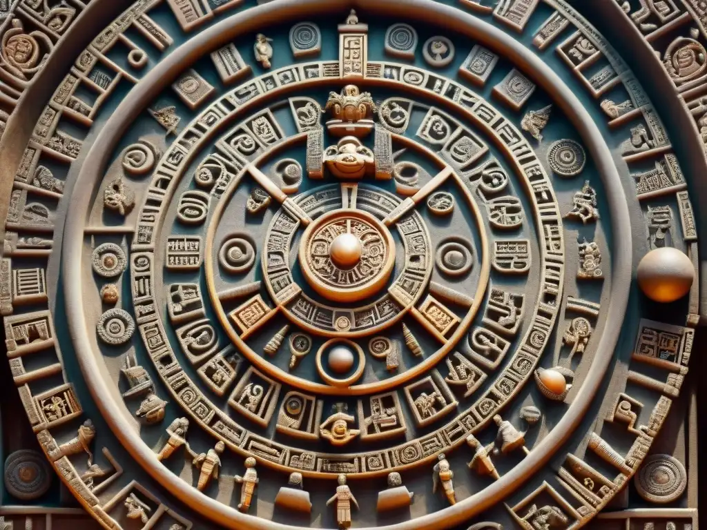 Detallado calendario maya con influencia de astros en tallado de piedra