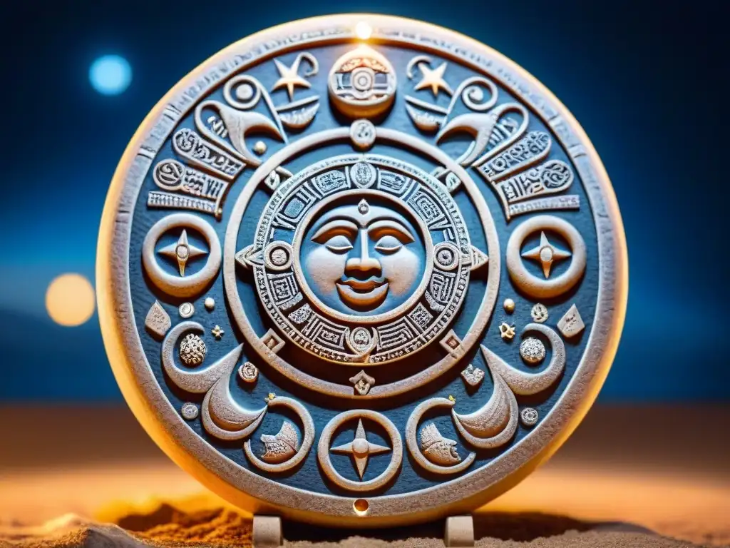 Detallado calendario Maya de piedra iluminado por la Luna, con símbolos y sombras en la noche estrellada