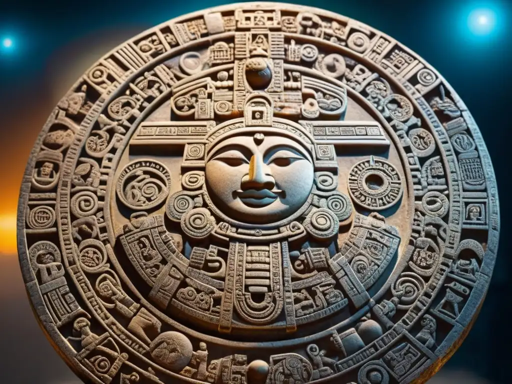 Detallado calendario maya con símbolos de eclipses astronómicos, resaltando la antigua sabiduría y misterio