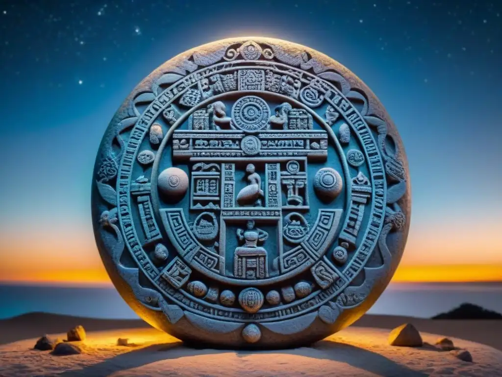 Detallado calendario maya con símbolos de Venus en la noche estrellada