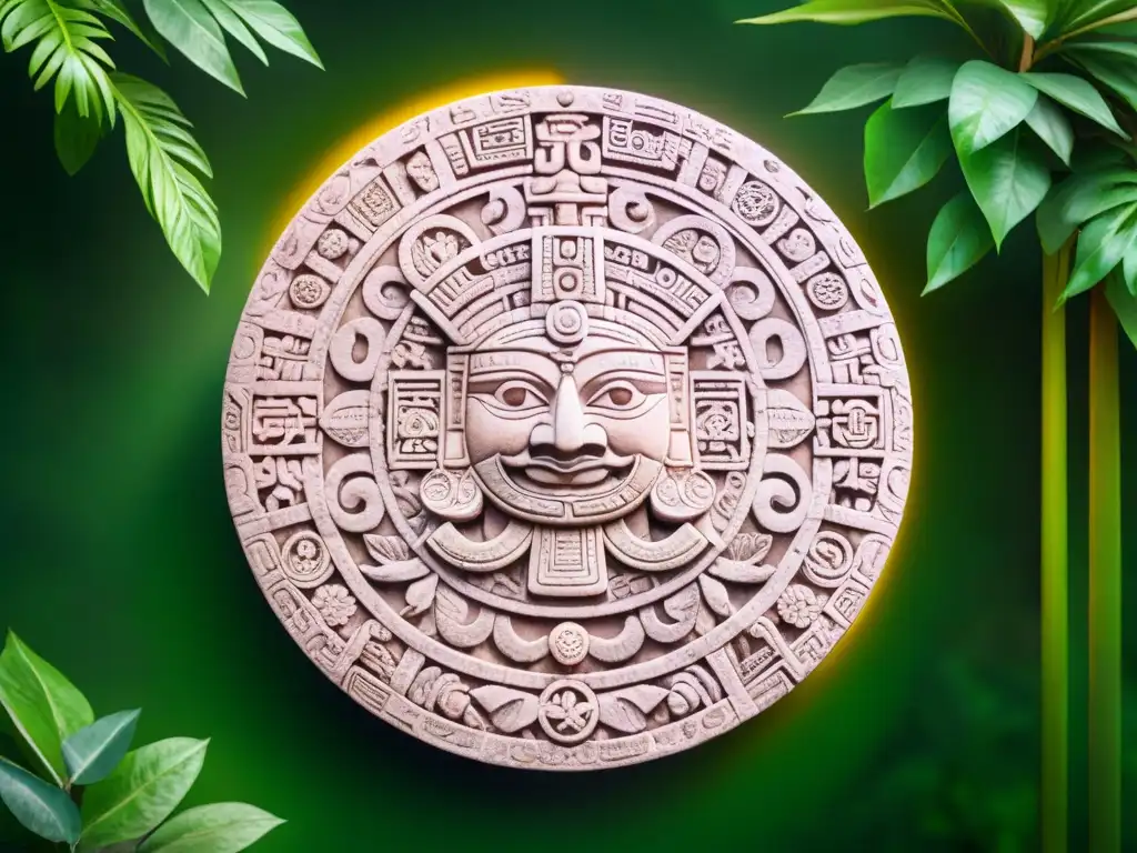 Detallado calendario maya Tzolk'in tallado en piedra, rodeado de exuberante vegetación