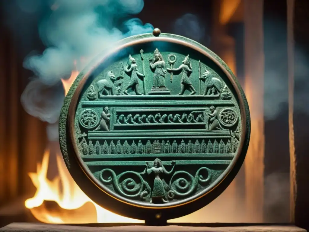 Detallado espejo de bronce etrusco tallado con figuras míticas y fuego ritual