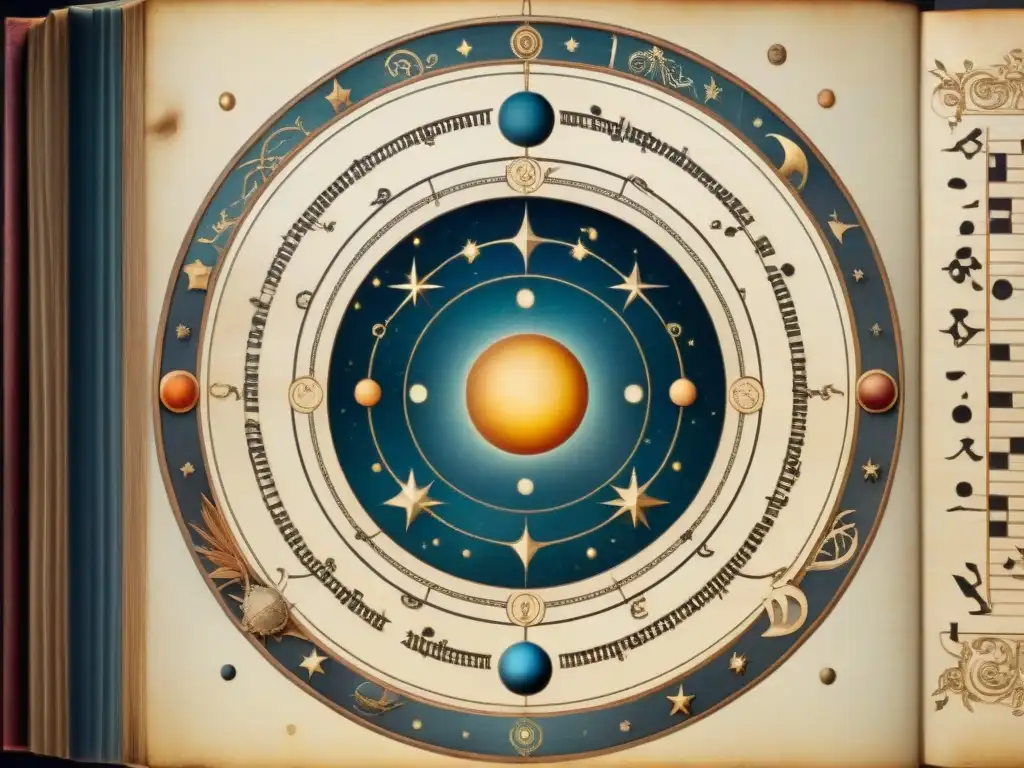 Detallado manuscrito antiguo con influencia astros música antigua: intrincados gráficos celestiales y partituras musicales entrelazadas