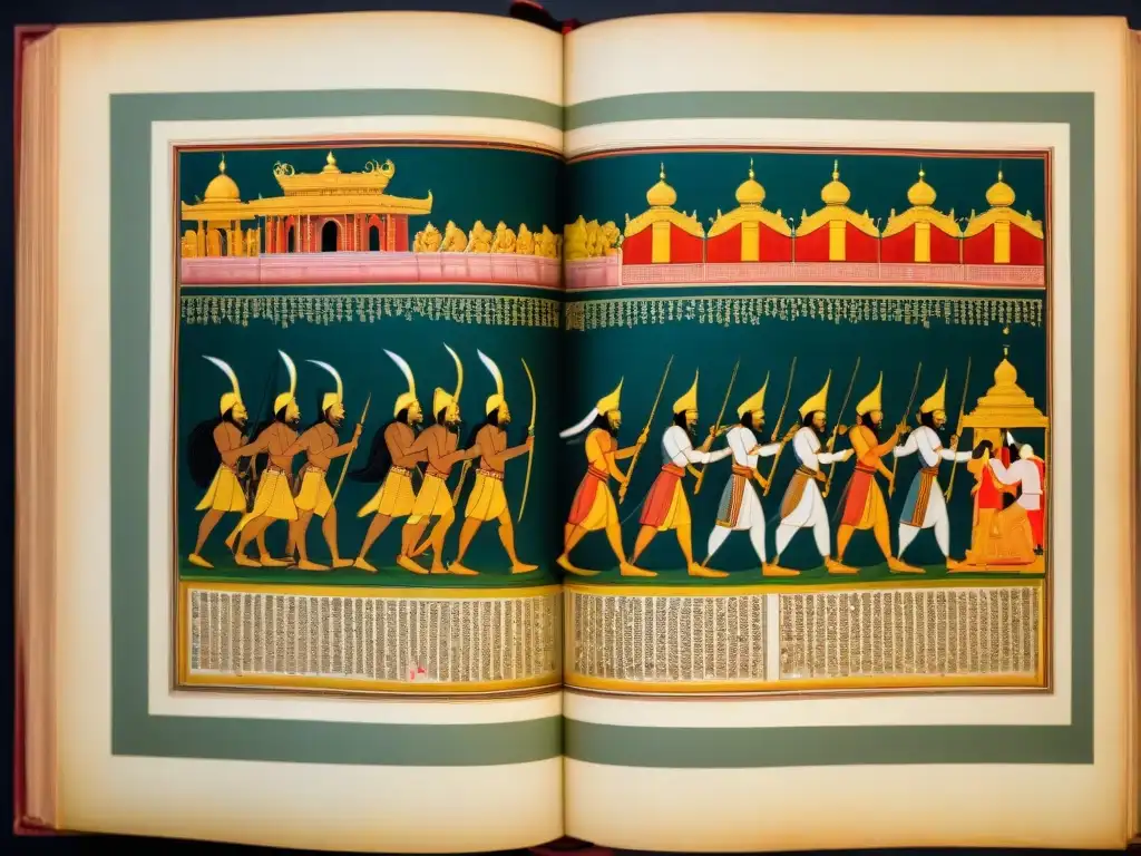 Detallado manuscrito antiguo del Mahabharata con ilustraciones intrincadas de personajes, batallas y elementos míticos