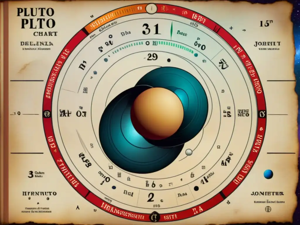 Un detallado mapa astral con Plutón en la carta natal, rodeado de alineaciones planetarias y signos zodiacales en pergamino vintage