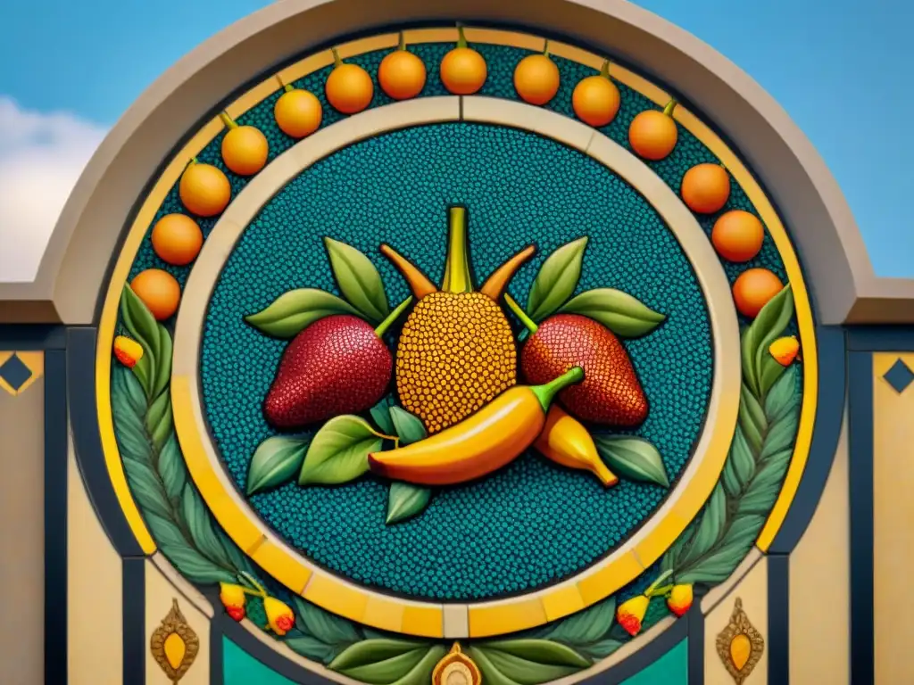 Detallado mosaico antiguo del Cuerno de la Abundancia, simbolizando prosperidad y fertilidad con frutas, granos y flores