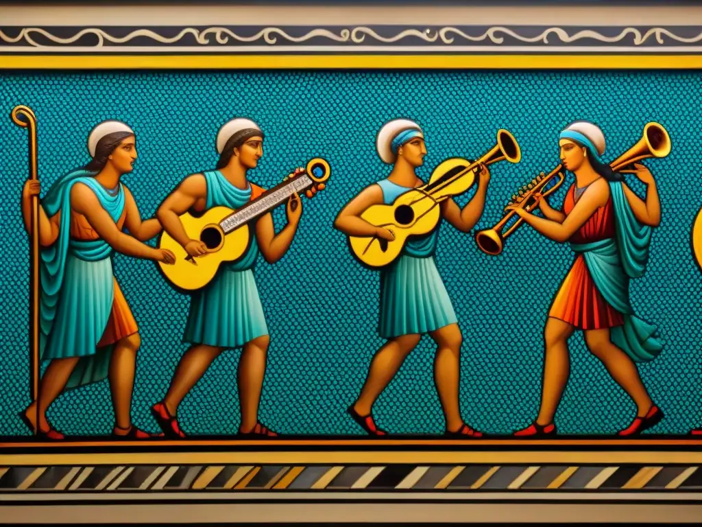 Detallado mosaico griego antiguo mostrando músicos e instrumentos