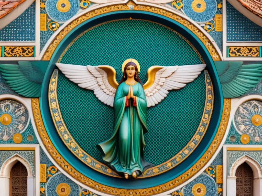 Detallado mosaico de ángeles en la Mezquita Omeya de Damasco, destacando el simbolismo de ángeles en culturas antiguas