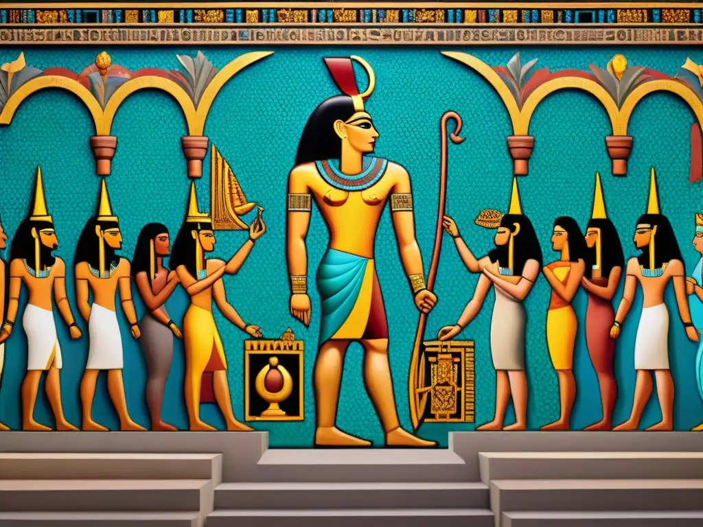 Detallado mosaico de visiones del juicio final antiguas de Egipto, Grecia y Maya, con colores vibrantes y detalles intrincados