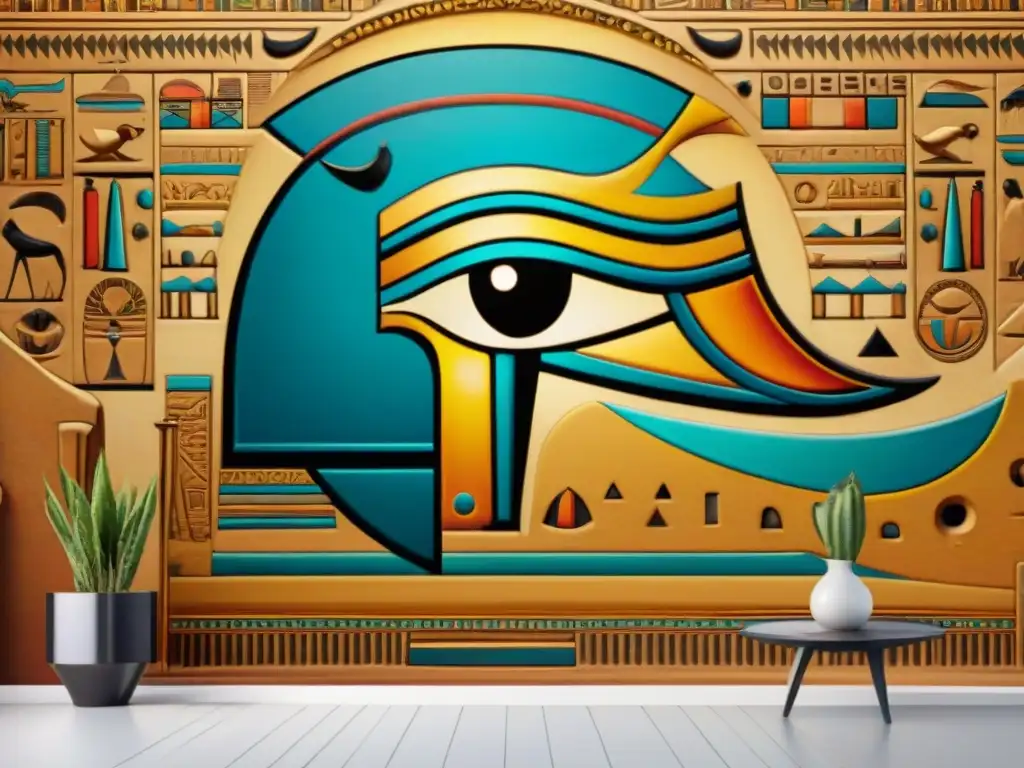 Detallado mural del dios egipcio Horus con el Ojo de Horus en su frente, rodeado de jeroglíficos y patrones, en resolución 8k