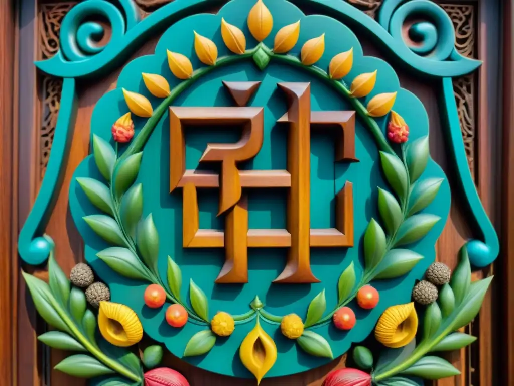 Detallado panel tallado en madera con esvástica en vibrantes colores y motivos florales, destacando su significado en Hinduismo