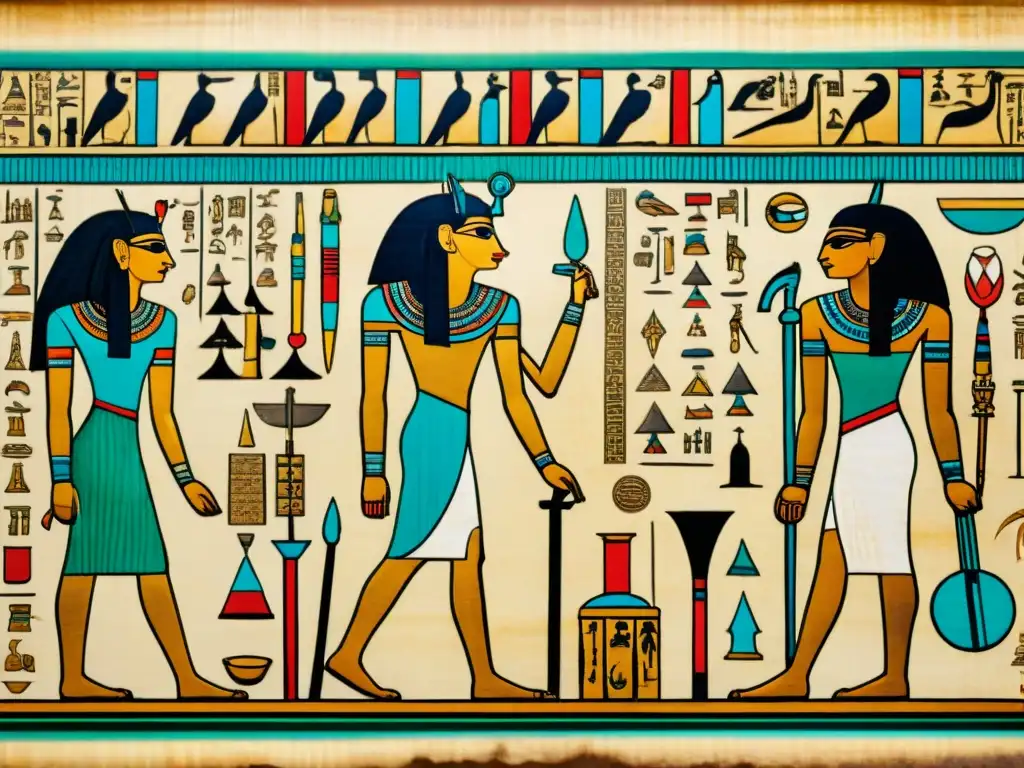 Misteriosos jeroglíficos y dioses en papiro egipcio antiguo Detallado papiro egipcio mostrando la fusión de medicina y magia en el Antiguo Egipto