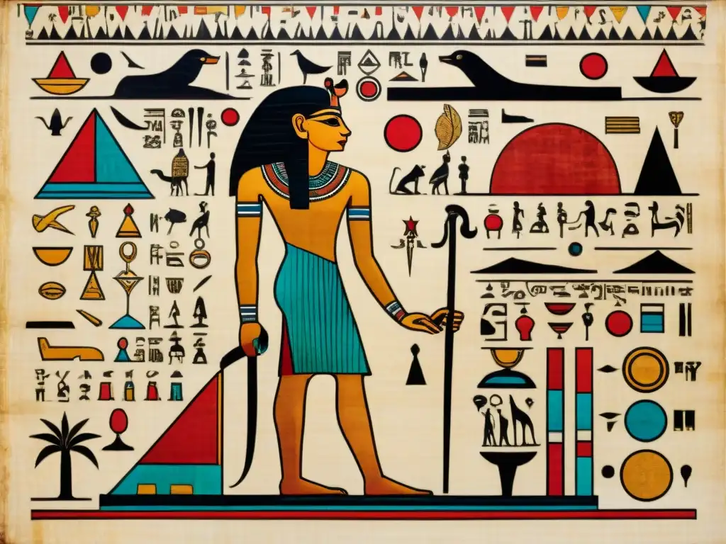 Detallado papiro egipcio muestra la relación astrología medicina antiguo Egipto, con hieroglíficos y colores vibrantes