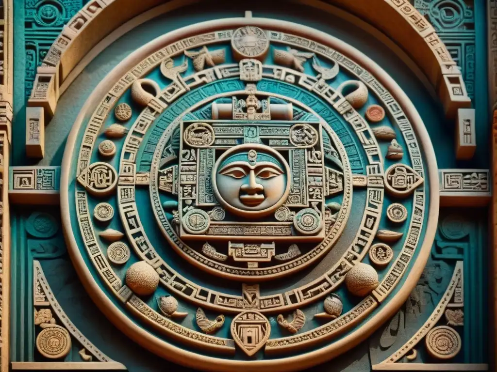 Detallado relieve de la astrología maya: símbolos del calendario y conexiones cósmicas en vibrantes colores y texturas
