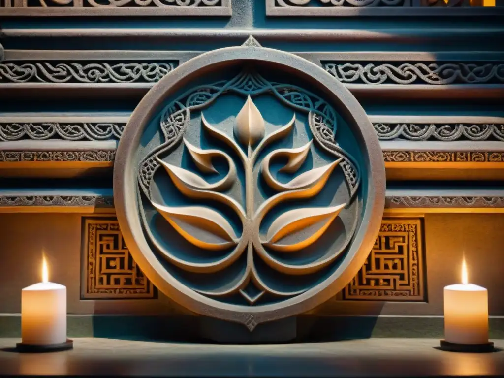 Detallado relieve de esvástica y lotos en templo iluminado por velas