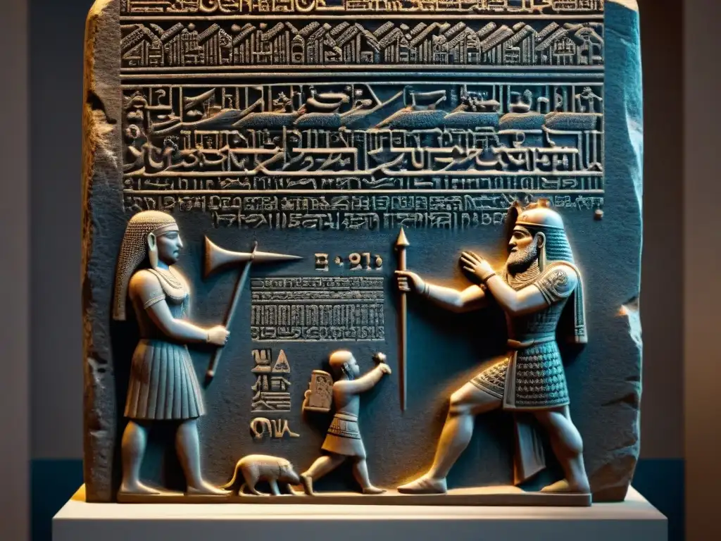 Detallado relieve en piedra del Código de Hammurabi en escritura cuneiforme