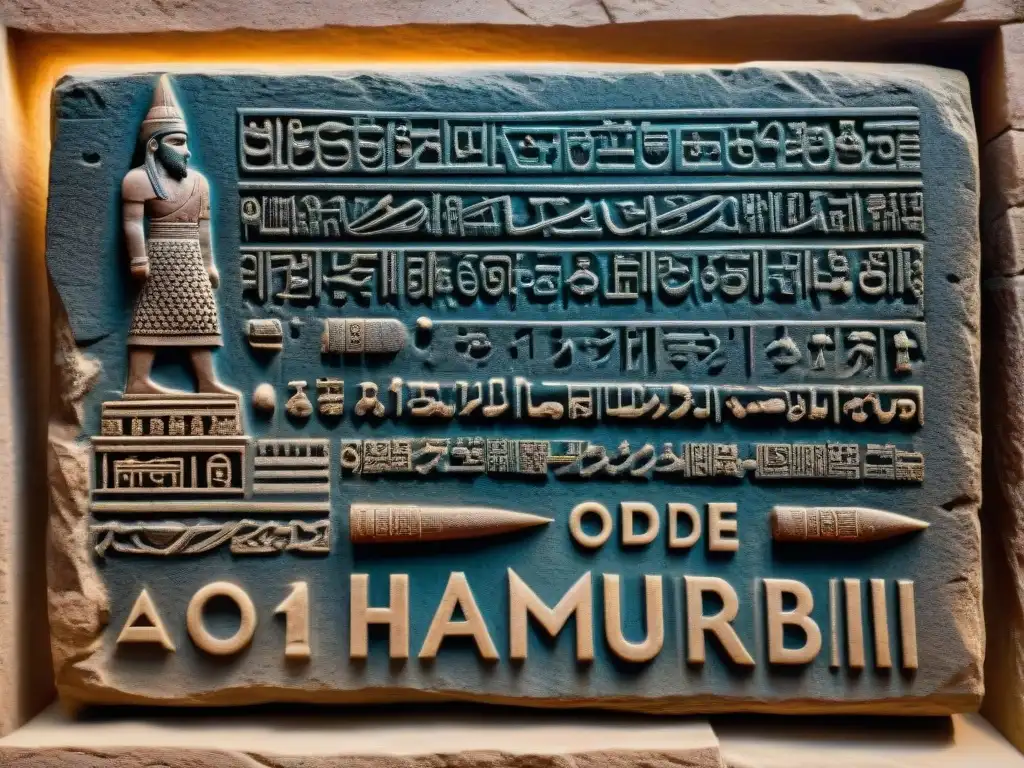 Detallado relieve de piedra con inscripciones del Código de Hammurabi, reflejando la antigua escritura cuneiforme y símbolos