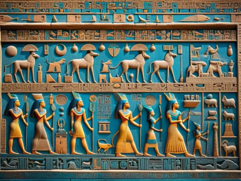 Detallado relieve de piedra del Templo de Hathor en Dendera, con el techo zodiacal y figuras celestiales