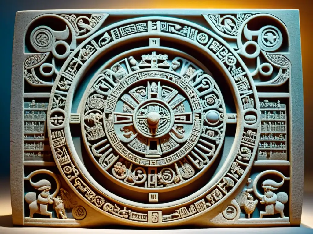 Detallado tallado en piedra del calendario Tzolk'in maya, con jeroglíficos y símbolos representando el sistema calendárico sagrado maya