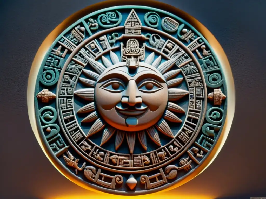 Detallado tallado en piedra del Calendario Tzolk'in maya predicciones iluminado por el sol, mostrando símbolos y jeroglíficos antiguos