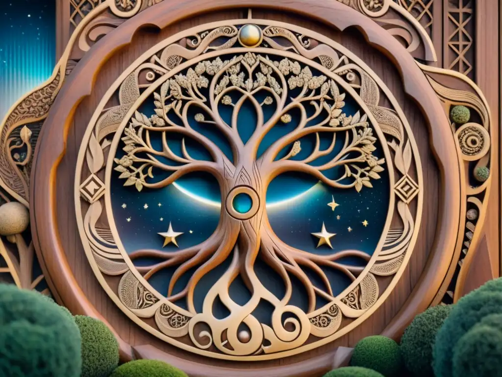 Detallado tallado de Yggdrasil, el Árbol del Mundo nórdico, con simbología astronómica en religiones