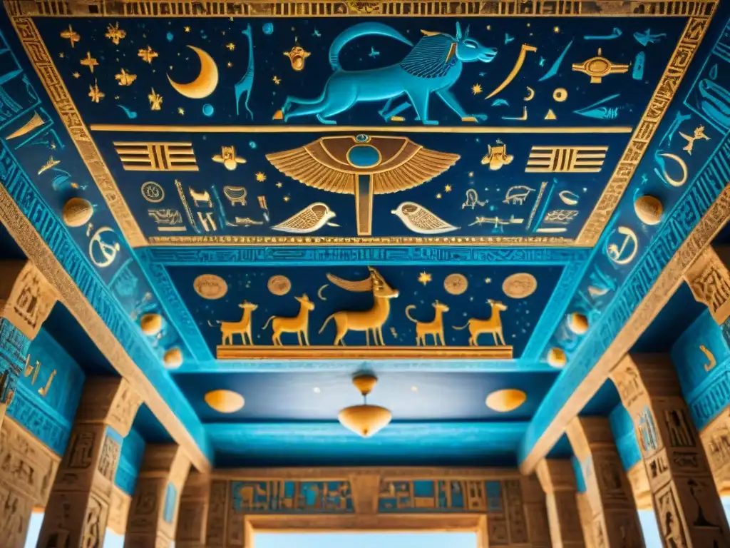 Detallado techo zodiacal del Templo de Hathor en Dendera, mostrando símbolos astronómicos y figuras egipcias antiguas