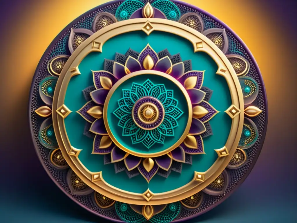 Detallado mandala en vibrantes tonos de oro, turquesa y morado