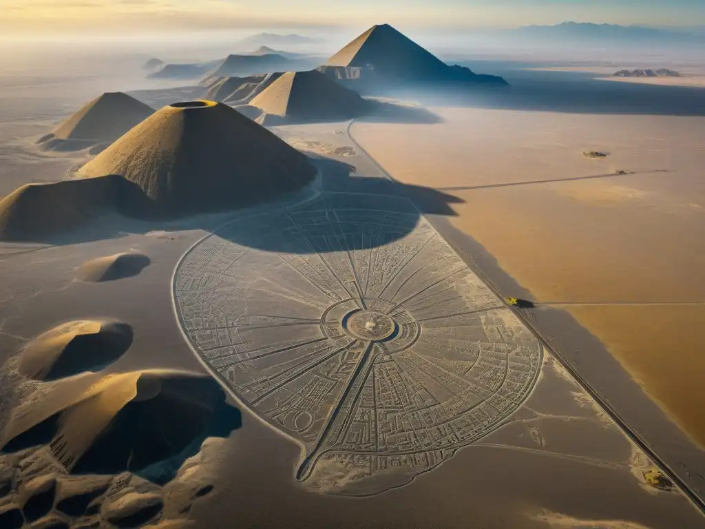 Detalle aéreo de las enigmáticas Líneas de Nazca, mostrando sus figuras geométricas y zoomorfas en el desierto