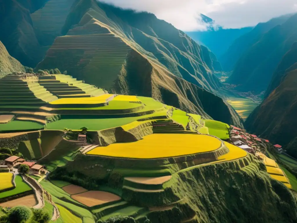 Detalle aéreo de terrazas incas en el Valle Sagrado de Perú, resaltando las estrategias económicas de los incas