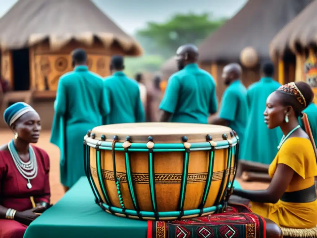 Detalle de un tambor africano antiguo con mensajes ocultos, en una vibrante aldea africana durante una ceremonia de percusión