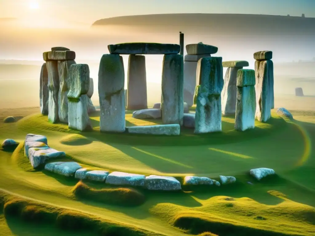 Detalle de Stonehenge en alineación con el sol durante el solsticio de verano, demostrando el conocimiento astronómico de antiguas civilizaciones