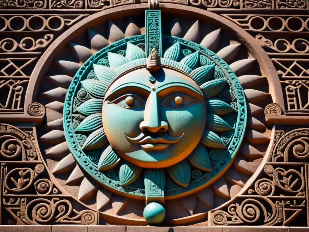 Detalle en alta resolución del Portal Estelar Puerta del Sol en Tiahuanaco, con rostro del dios sol rodeado de intrincadas figuras geométricas