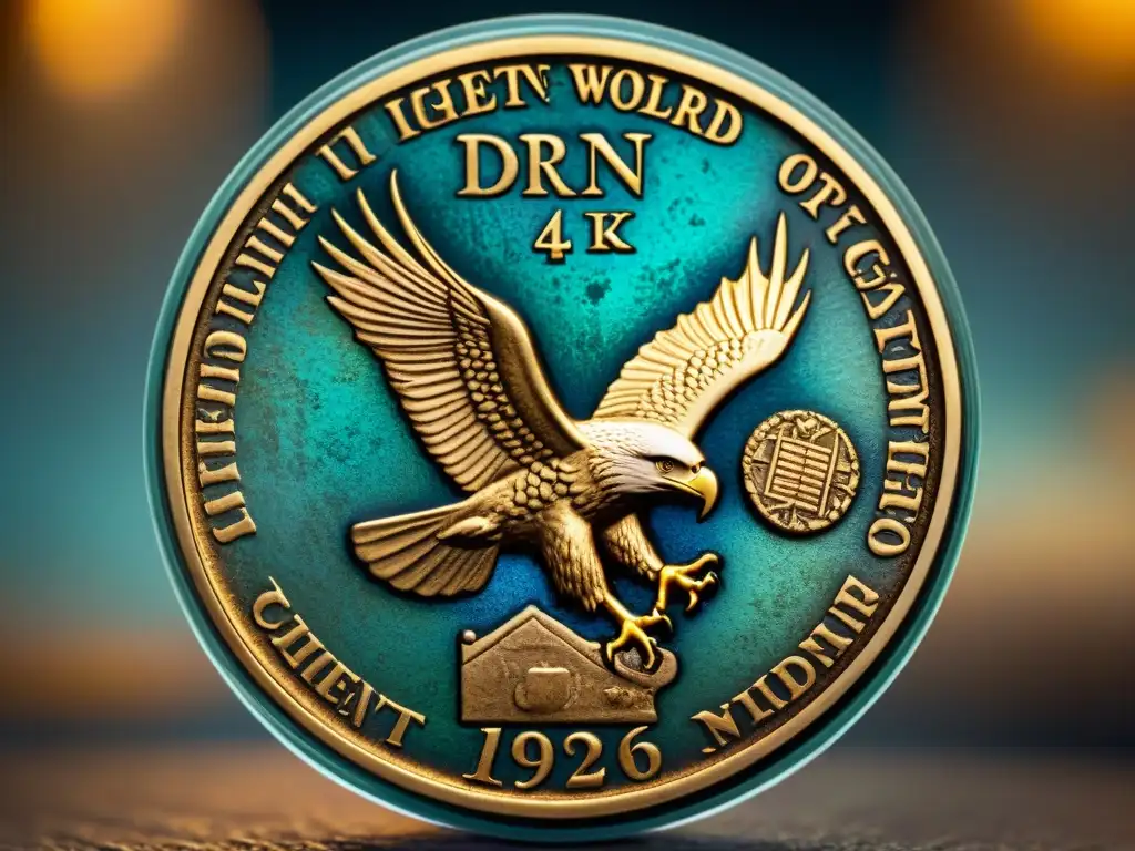 Majestuoso detalle: moneda antigua con águila y retrato histórico Detalle en alta resolución de una rara moneda antigua con grabados de águila y figura histórica