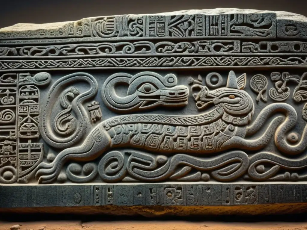 Detalle en alto relieve del enigmático Lanzón de Chavín, con deidades felinas y elementos místicos