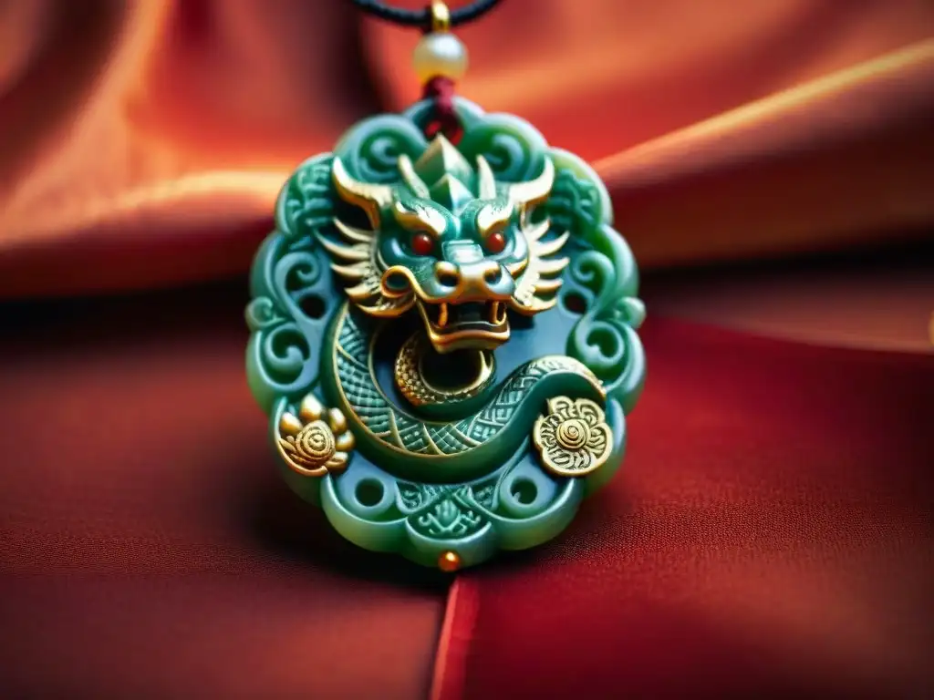 Detalle de amuleto dragón de jade esculpido a mano sobre seda roja, simbolizando su significado en la cultura china